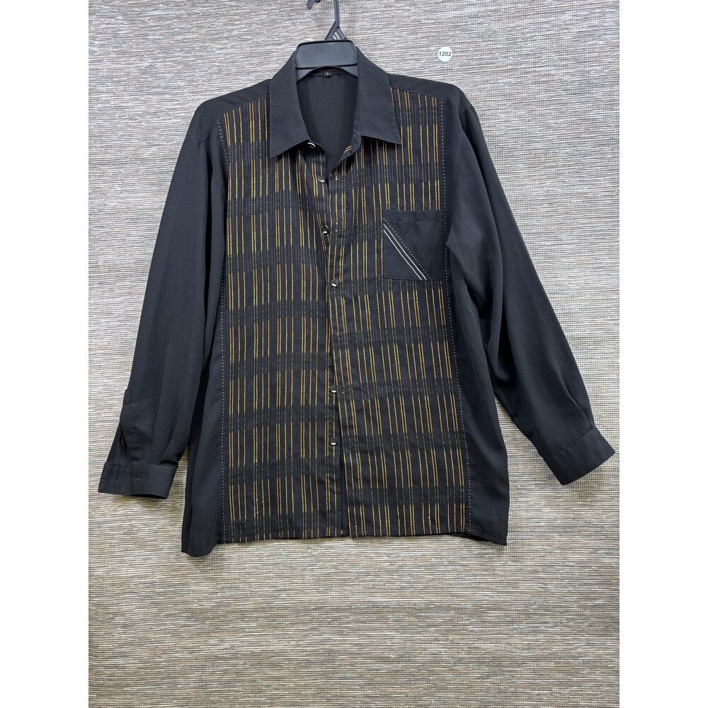 Byrd Shirt Mens Large Black Vertical Stripe Button Up Long Sleeve Silk Blend